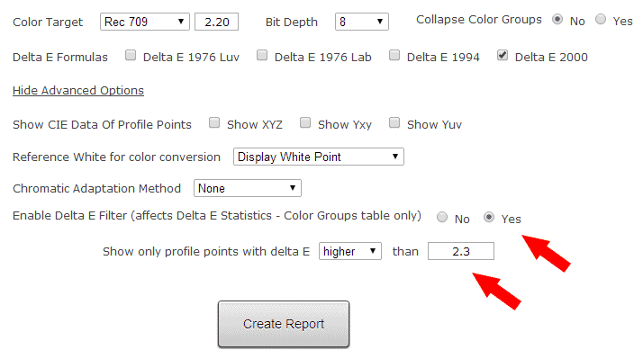 Lightspace Profile Reporter - Delta E Filter Setup