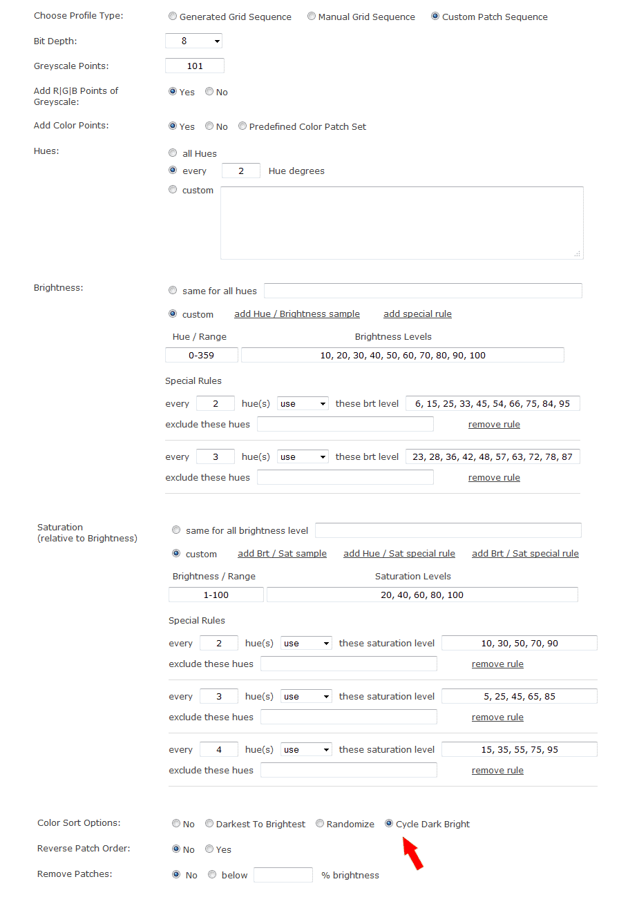 Profiling Patch Set Parameters Used In The Custom Color Patch Set Generator