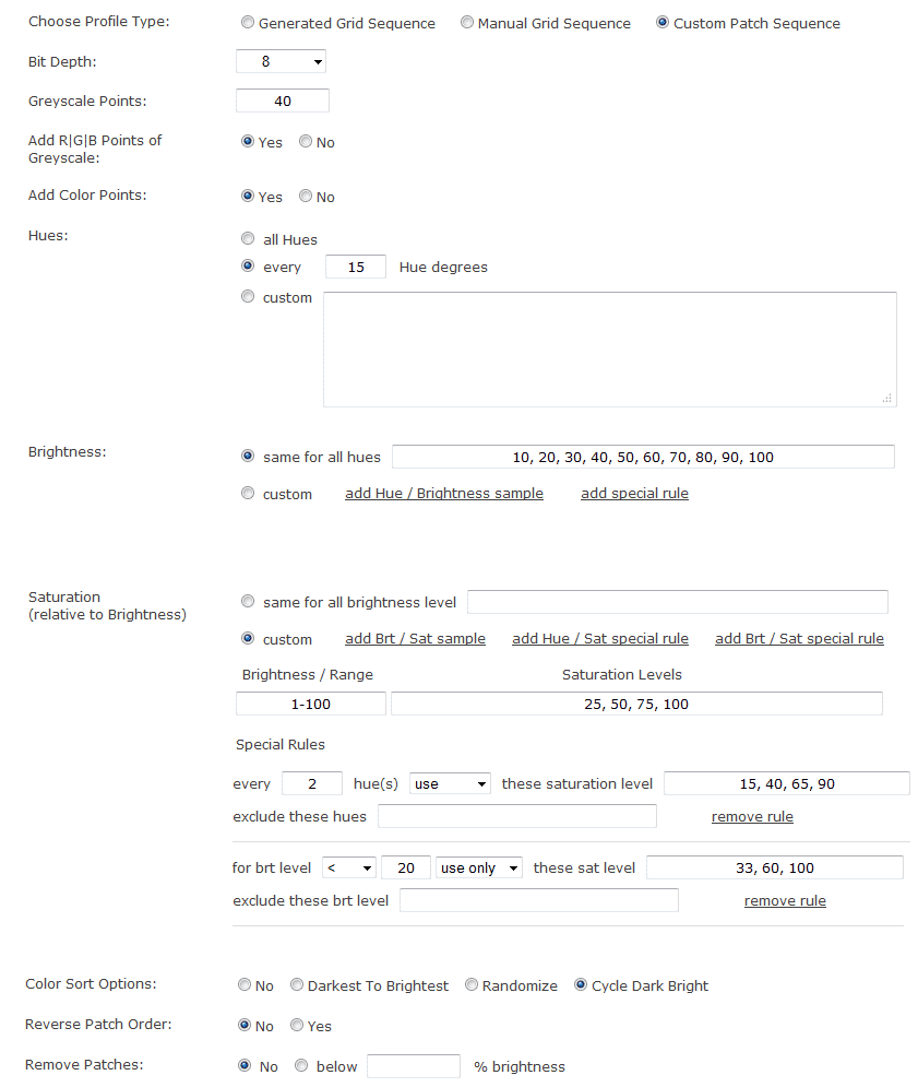 Validation Patch Set Parameters Used In The Custom Color Patch Set Generator